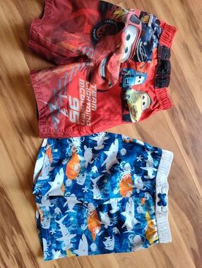 Disney Cars Red Lightning McQueen Swim Trunks + Blue Shark Print Swim Shorts